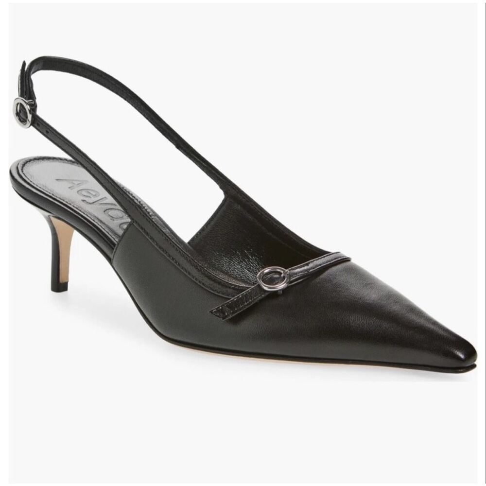 AEYDE Saba NWT Black Leather Pointy Toe Kitten Heel Sling Back Pump